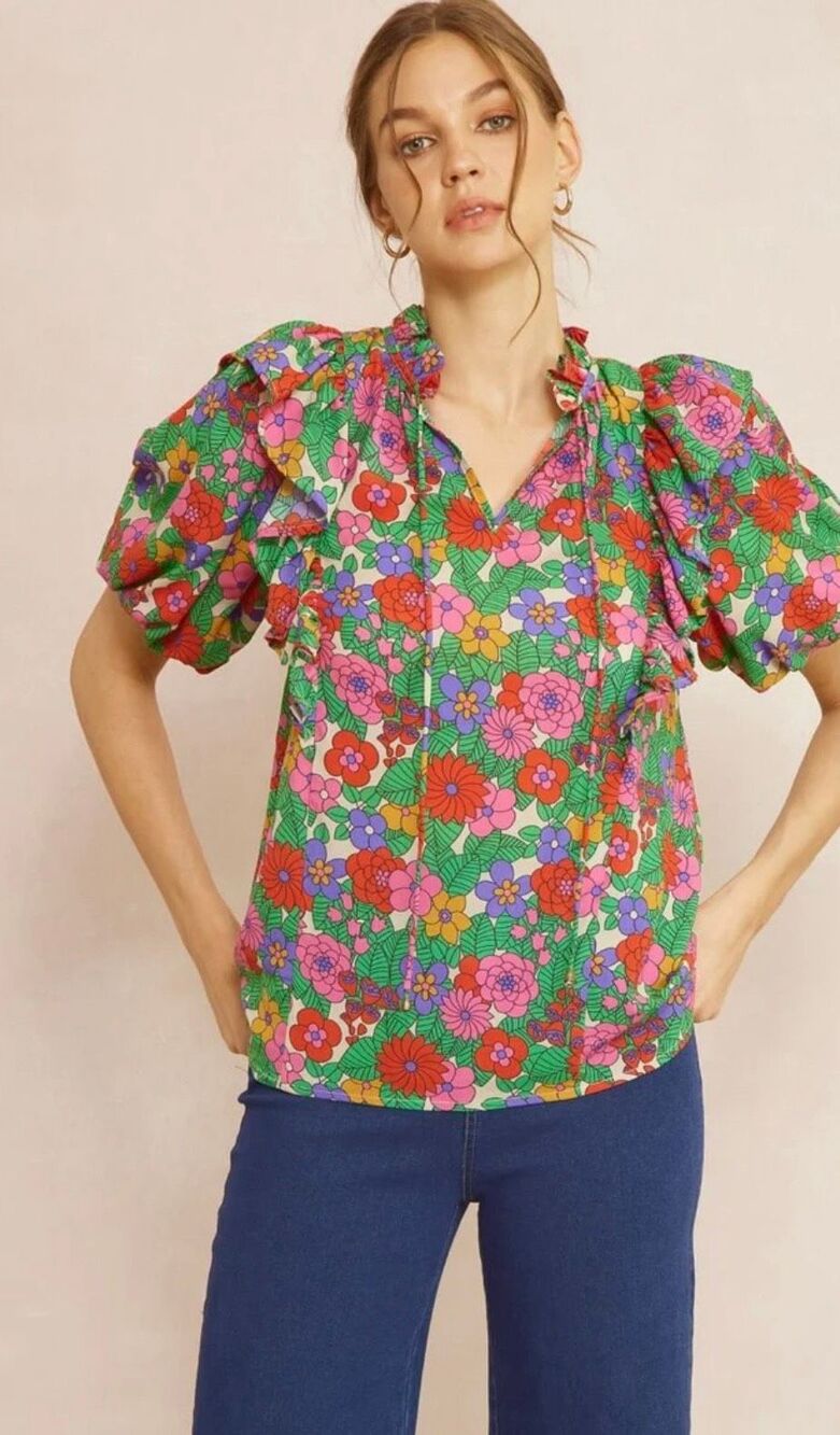 Entro Pink and Green Puff Sleeve Floral Blouse Size Medium